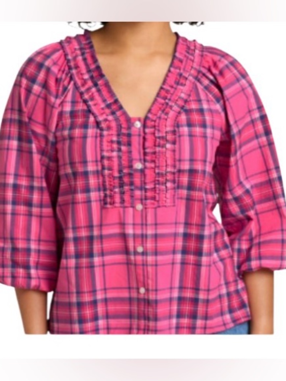 Draper James Aubrie Top Blouse Pink Plaid 3/4 Sleeve V-Neck Size 1X Ruffle